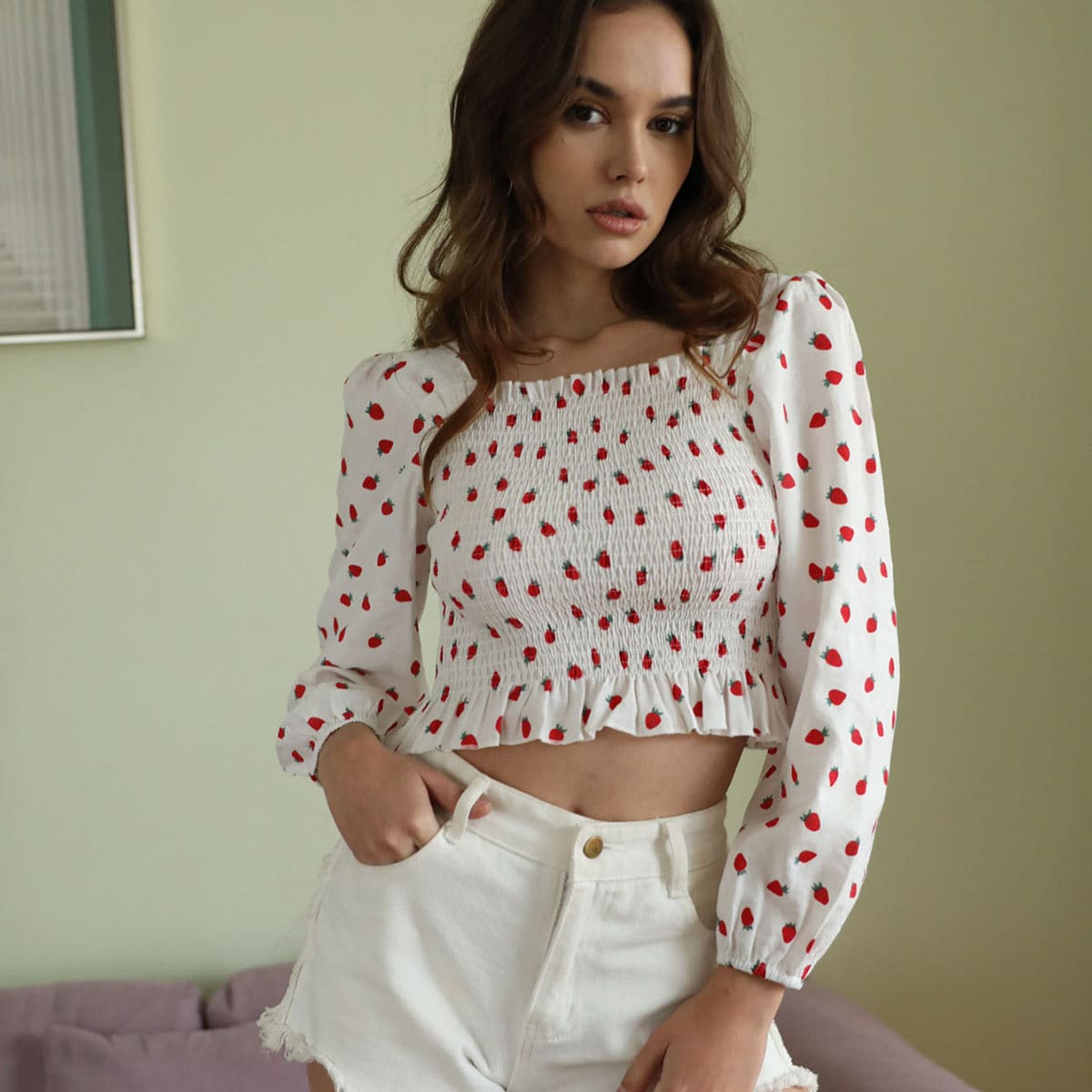 

Strawberry Shirred Crop Top, White