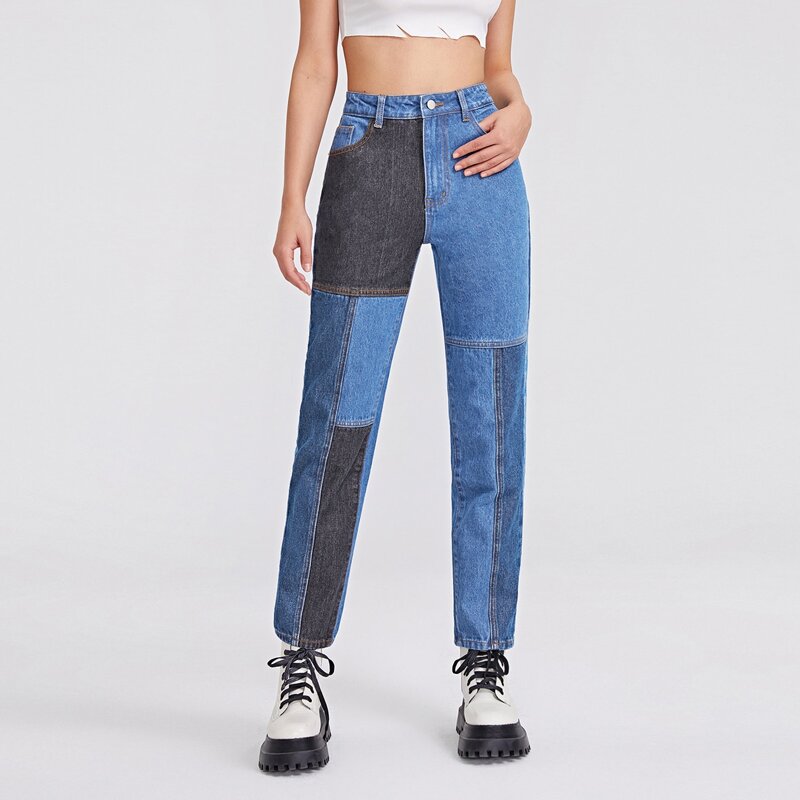 

High Waist Color Block Mom Jeans, Multicolor