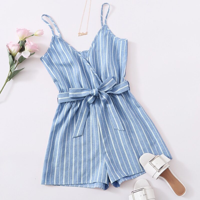 

Striped Belted Cami Romper, Blue and white