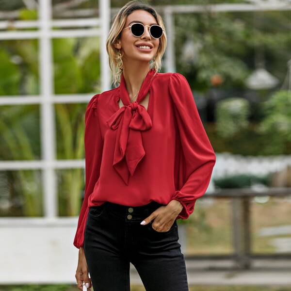 

Tie Neck Bishop Sleeve Blouse, Red