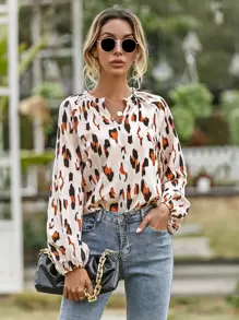 All Over Print Notched Neck Raglan Sleeve Blouse - Multicolor - View 1