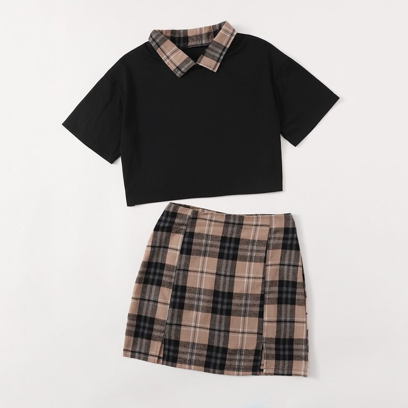 

Plaid Collar Crop Top & Skirt, Multicolor