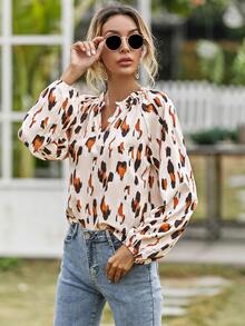 All Over Print Notched Neck Raglan Sleeve Blouse - Multicolor - View 4