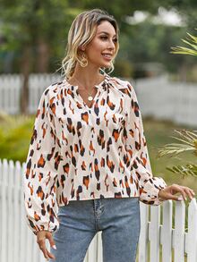 All Over Print Notched Neck Raglan Sleeve Blouse - Multicolor - View 5