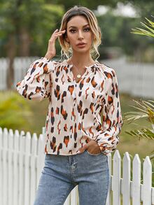 All Over Print Notched Neck Raglan Sleeve Blouse - Multicolor - View 7