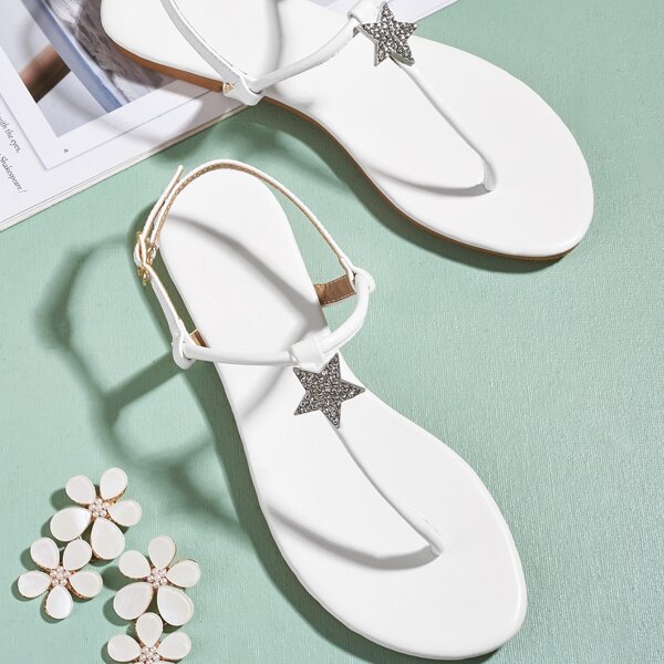 

Rhinestone Star Decor Flat Thong Sandals, White