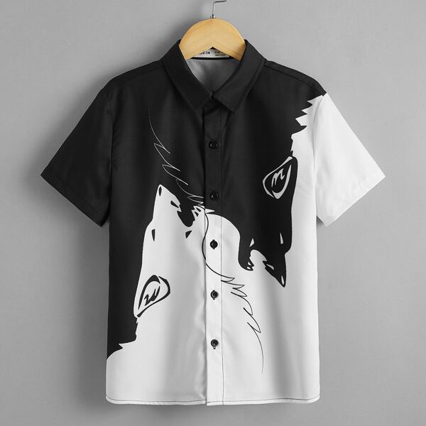 

Boys Wolf Print Shirt, Black and white
