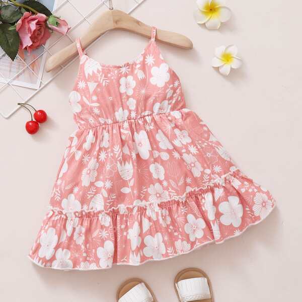 

Baby Girl Floral Print Ruffle Hem Cami Dress, Pink