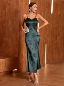 Modelyn 緞面提花吊帶洋裝 - 墨綠色 - 查看 1