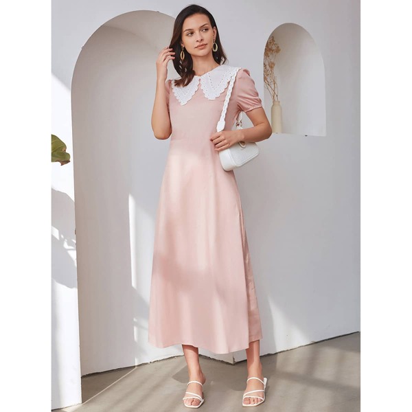 

Contrast Schiffy Collar A-line Dress, Baby pink