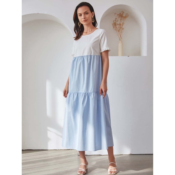 

Two Tone Frill Smock Dress, Baby blue