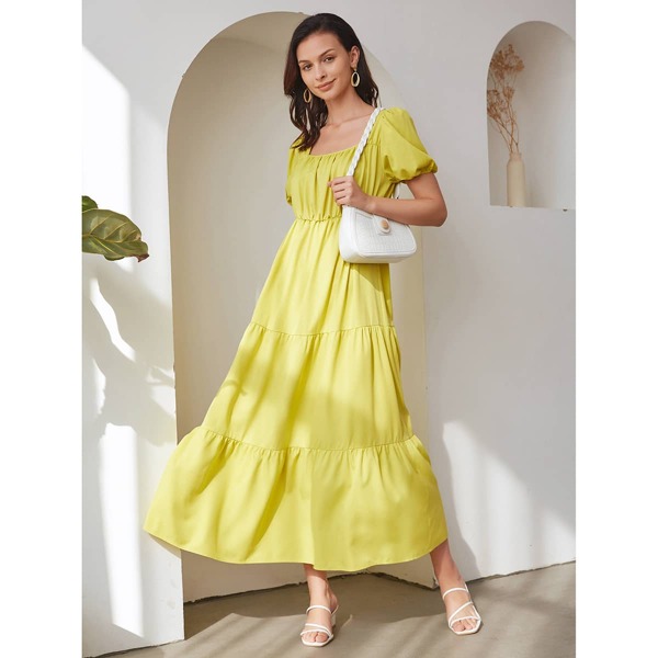 

Solid Square Neck Ruffle Hem Dress, Yellow