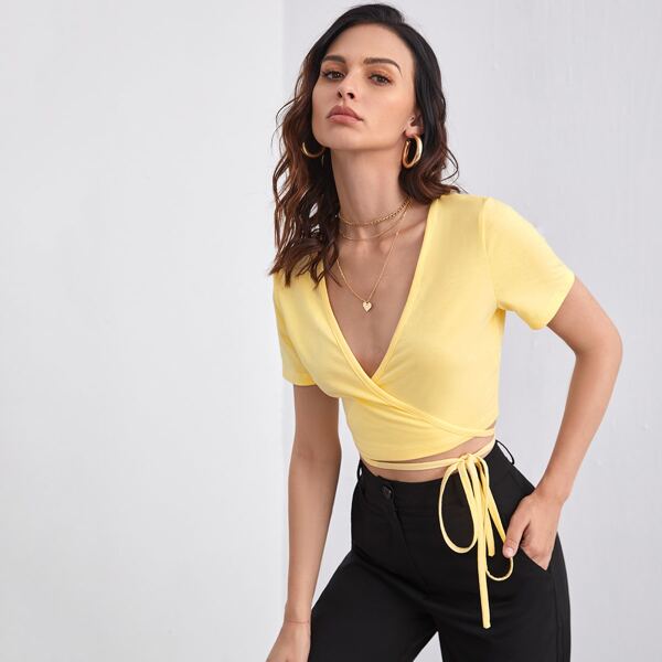 

Surplice Neck Knot Crop Top, Yellow