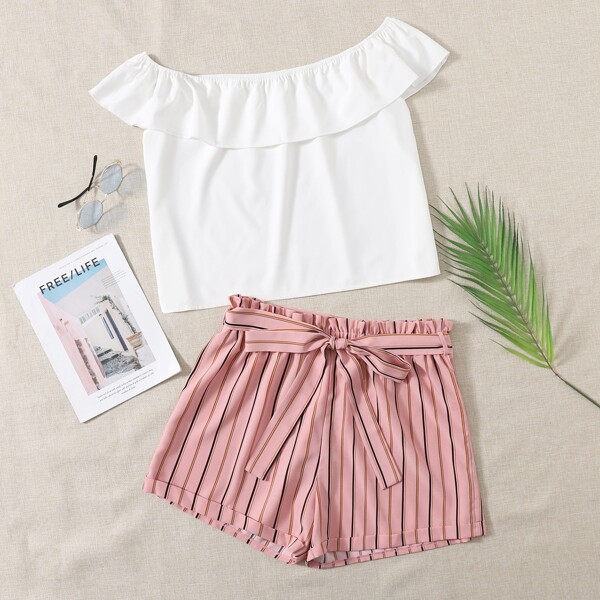 

Plus Bardot Top & Striped Belted Shorts, Multicolor