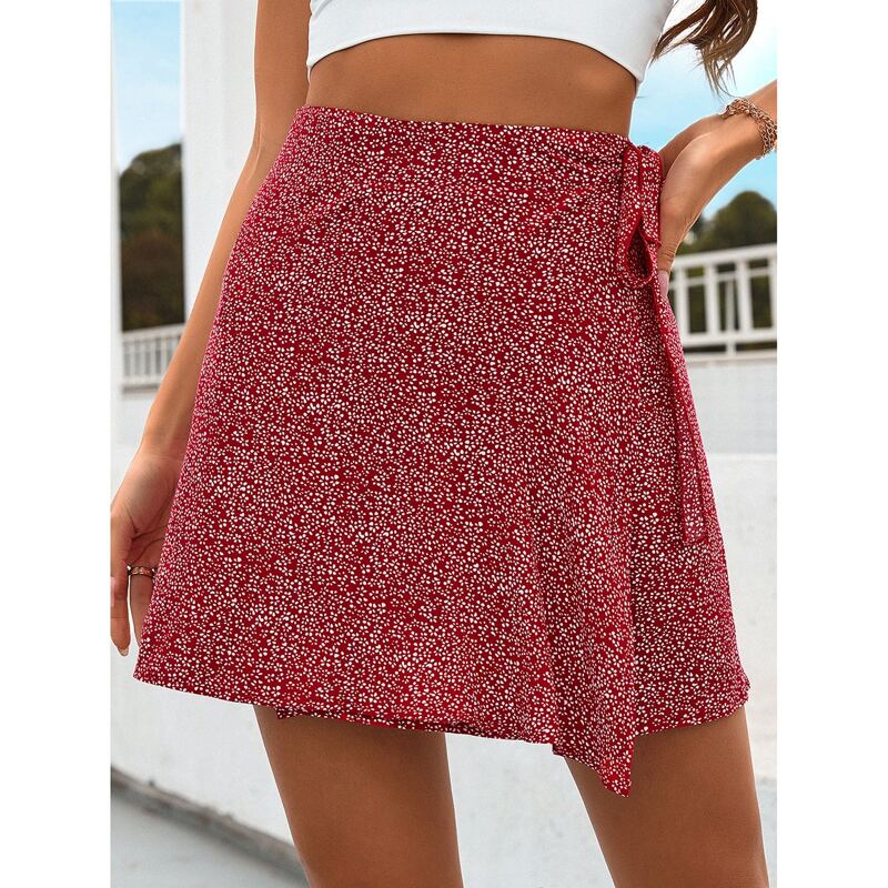 

All Over Print Tie Side Wrap Skirt, Red