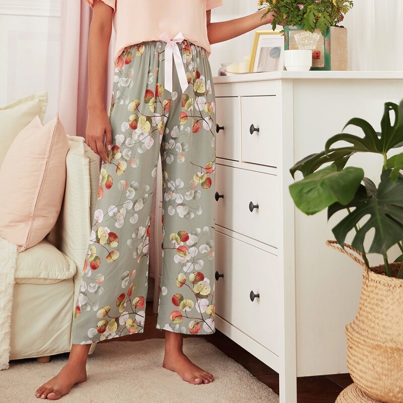 

Allover Plants Print Knot Sleep Pants, Mint green