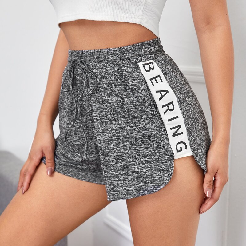 

Drawstring Waist Contrast Letter Sideseam Track Shorts, Grey
