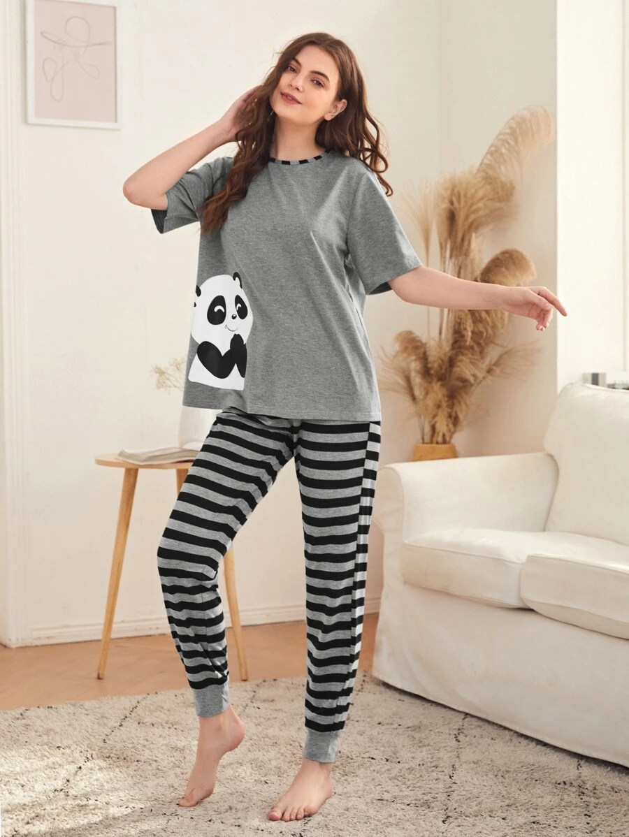 SHEIN Unity Panda Print Top & Striped Trousers PJ Set - Multicolor - View 1