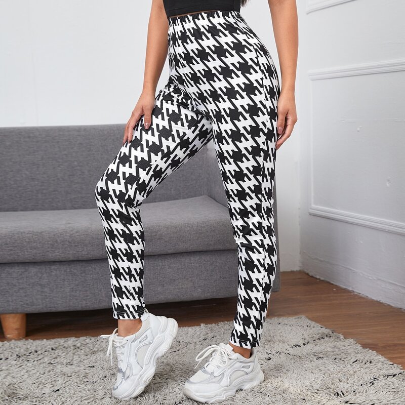 

Elastic Waist Houndstooth Print Leggings, Black and white