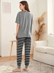 SHEIN Unity Panda Print Top & Striped Trousers PJ Set - Multicolor - View 2