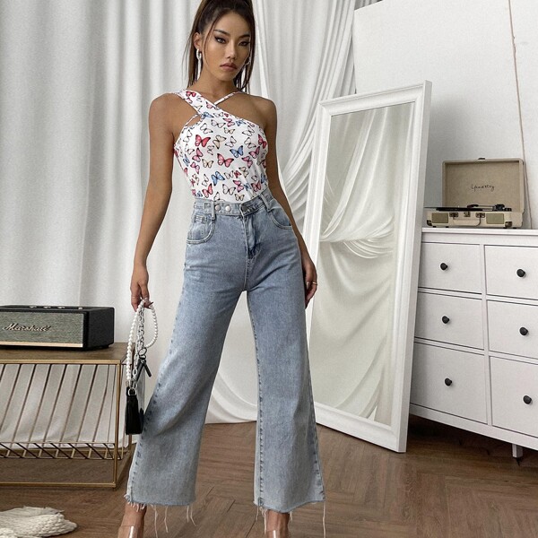 

Asymmetrical Neck Butterfly Print Top, Multicolor