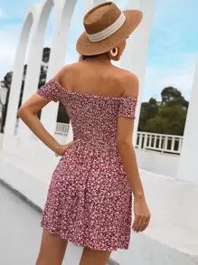 SHEIN VCAY Đầm Dải chun Họa tiết hoa Boho - Đỏ và trắng - Xem 2