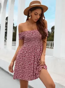 SHEIN VCAY Đầm Dải chun Họa tiết hoa Boho - Đỏ và trắng - Xem 3