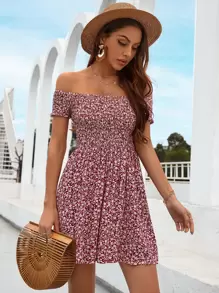 SHEIN VCAY Đầm Dải chun Họa tiết hoa Boho - Đỏ và trắng - Xem 4