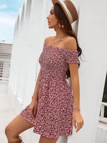 SHEIN VCAY Đầm Dải chun Họa tiết hoa Boho - Đỏ và trắng - Xem 6