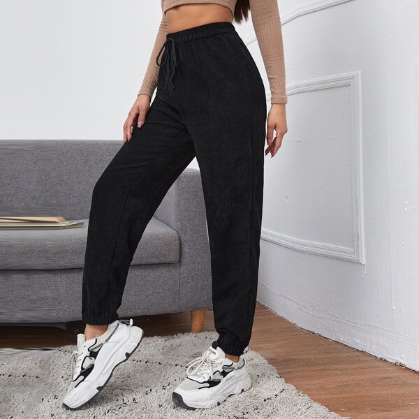

Knot Waist Solid Cord Pants, Black