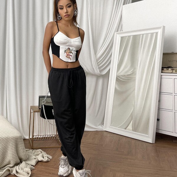 

Angel Print Spliced Bustier Cami Top, Black and white