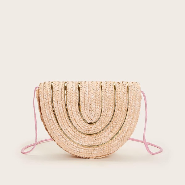 

Semicircle Shaped Straw Crossbody Bag, Baby pink