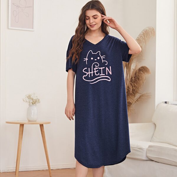 

Letter & Cat Print Sleepdress, Navy blue