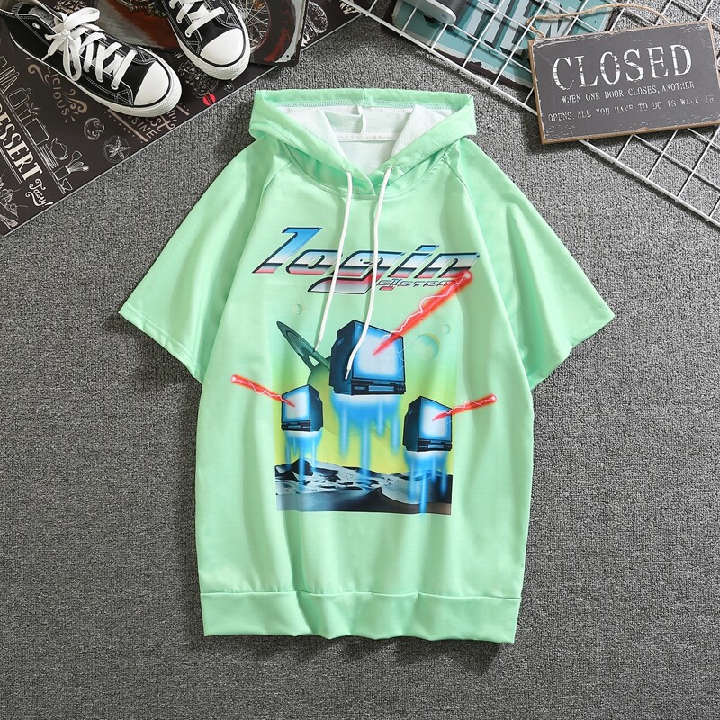 

Guys Graphic Print Drawstring Hooded Sweatshirt, Green pastel