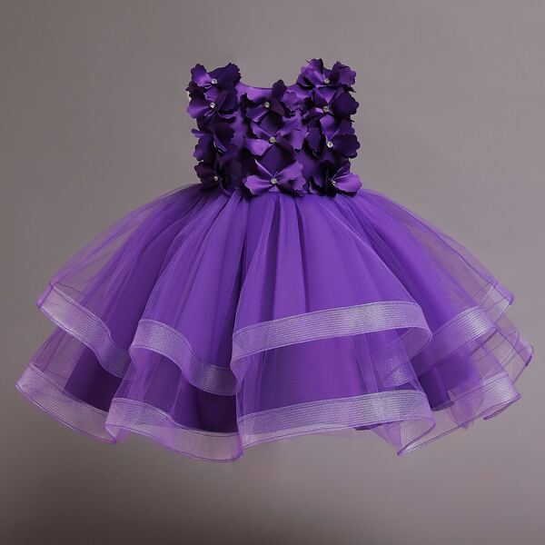 

Girls Rhinestone Appliques Layered Tutu Gown Dress, Purple