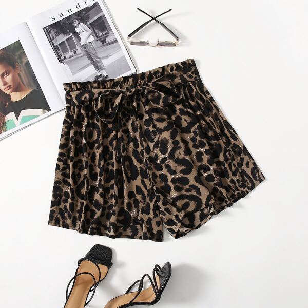 

Plus Allover Print Paper Bag Waist Belted Shorts, Multicolor