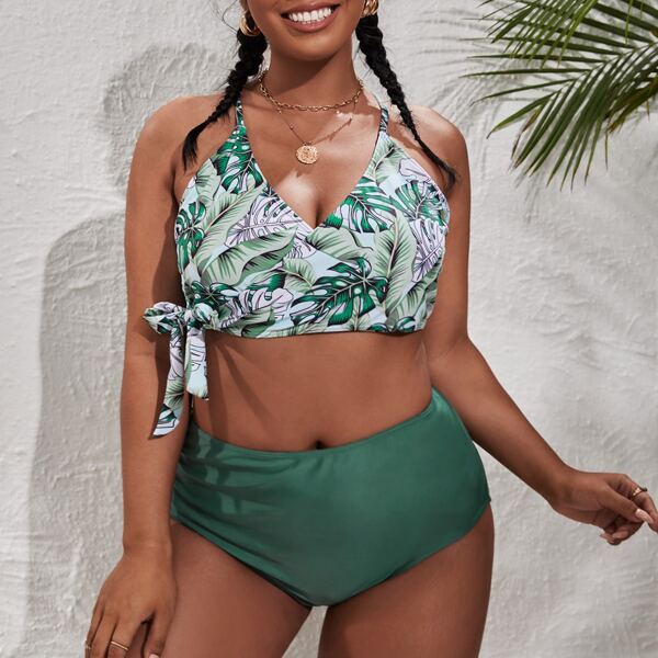 

Plus Tropical Knot Bikini Swimsuit, Dark green
