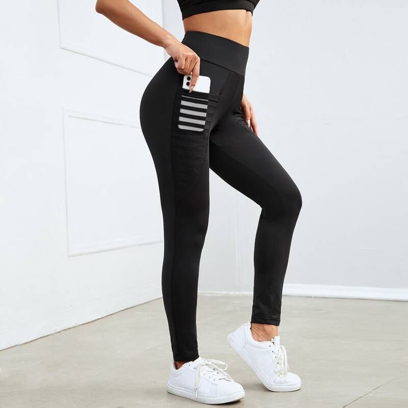 

Wide Waistband Pocket Side Leggings, Black