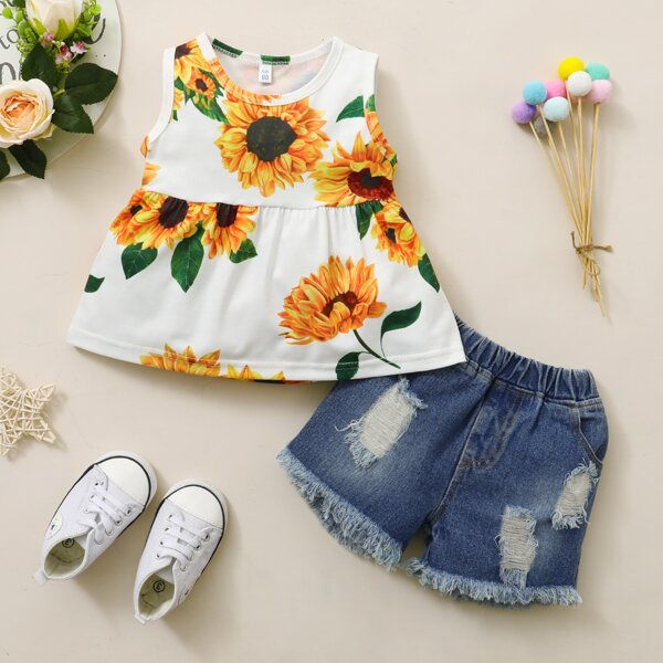 

Toddler Girls Sunflower Print Tank Top With Denim Shorts, Blue and white