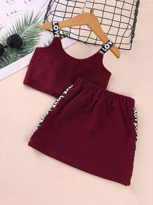 Bộ thời trang bé gái Gân đan Lá thư Thể thao - Màu Đỏ Sâu - Xem 1