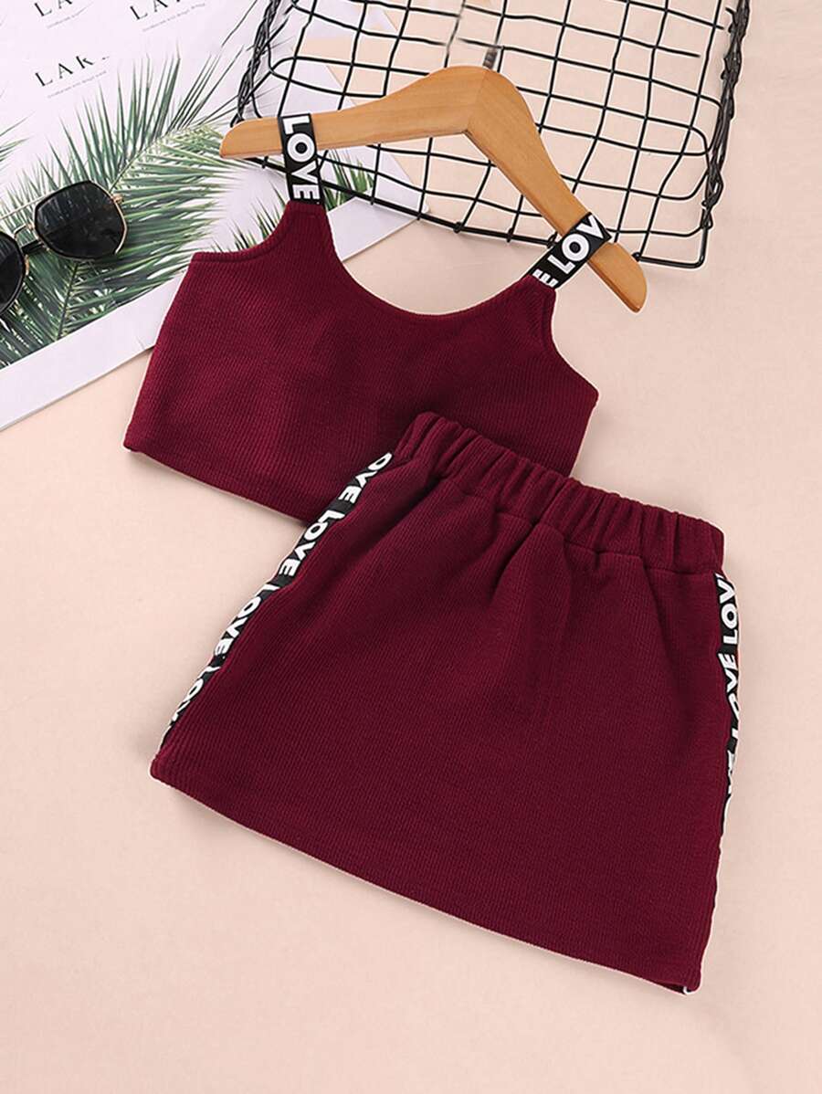 Bộ thời trang bé gái Gân đan Lá thư Thể thao - Màu Đỏ Sâu - Xem 1