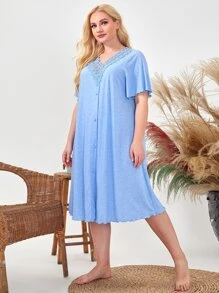 SHEIN Unity Plus Lace Trim Lettuce Edge Sleepdress - Baby Blue - View 4