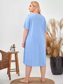 SHEIN Unity Plus Lace Trim Lettuce Edge Sleepdress - Baby Blue - View 3