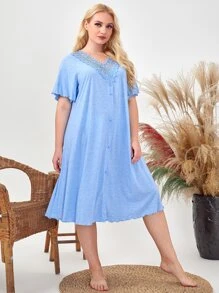 SHEIN Unity Plus Lace Trim Lettuce Edge Sleepdress - Baby Blue - View 1