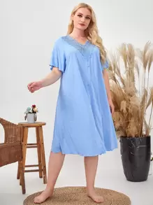 SHEIN Unity Plus Lace Trim Lettuce Edge Sleepdress - Baby Blue - View 2