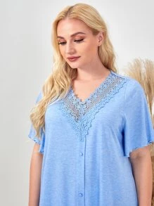 SHEIN Unity Plus Lace Trim Lettuce Edge Sleepdress - Baby Blue - View 5