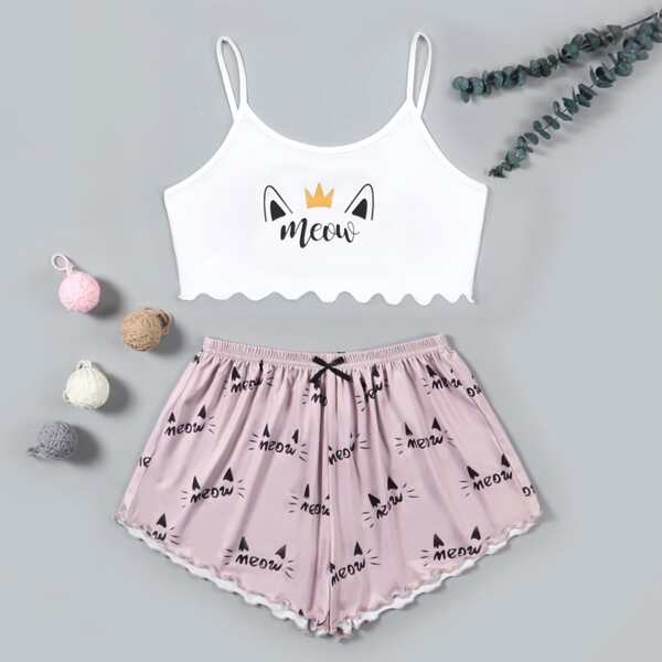 

Letter & Cartoon Graphic Cami Pajama Set, Multicolor