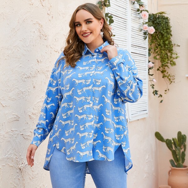 

Plus Drop Shoulder Horse & Figure Graphic Blouse, Blue and white