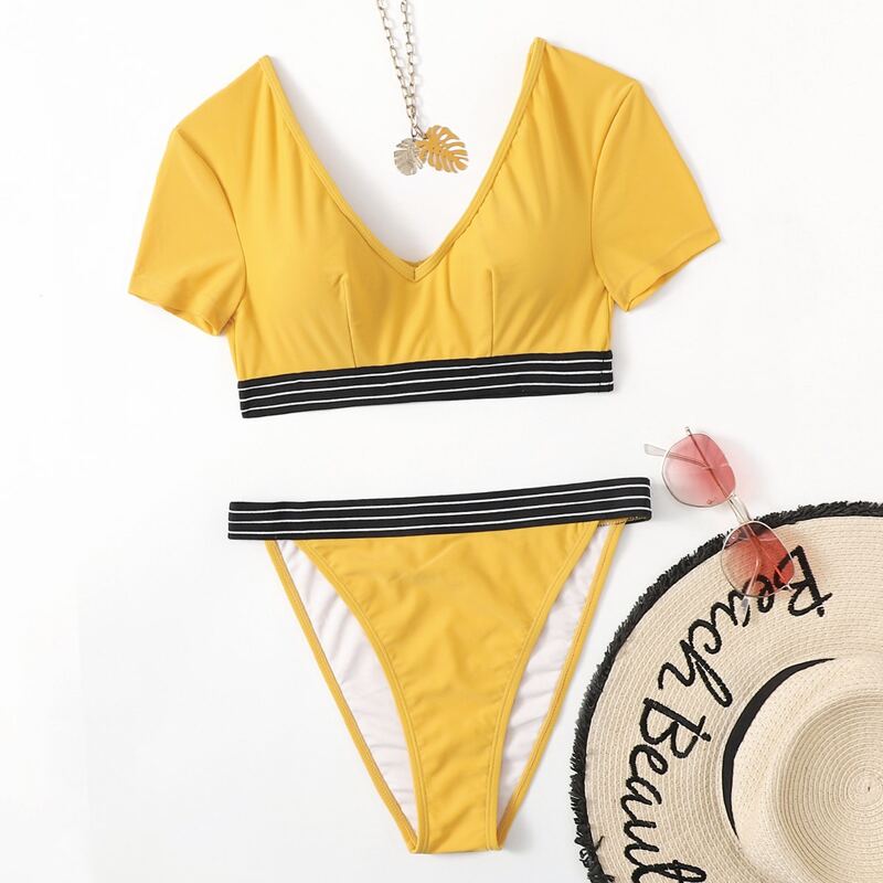 

Striped Hem V Neck Bikini Swimsuit, Yellow