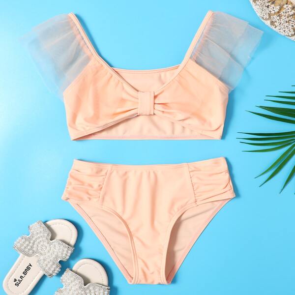 

Girls Contrast Mesh Ruched Bikini Swimsuit, Coral pink